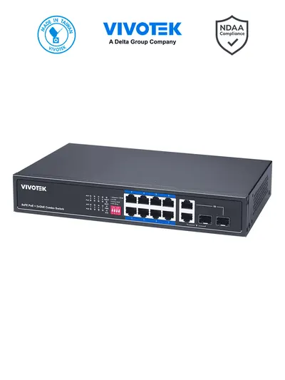 VIVOTEK AW-FGT-100P-110 - Switch PoE no administrable, 8 puertos PoE FE, 2 puertos GbE/SFP Combo, 110W Totales, 30W por puerto, Modo Extendido hasta 250m, Proteccion 6KV
