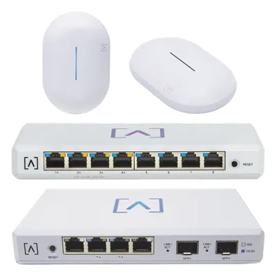 Kit de Red Profesional / Router Gigabit / Switch PoE 8 Puertos / 2 Puntos de Acceso Wi-Fi 6 / Administración en la Nube / Filtrado de Contenido