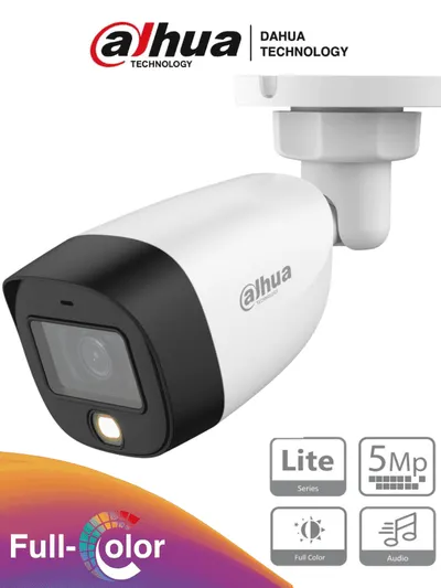 DAHUA HAC-HFW1509CN-A-LED - Cámara Bullet Full Color de 5 MP con lente de 2.8 mm y apertura de 112°. Incluye micrófono integrado, LEDs para visión nocturna hasta 20 metros, WDR de 120 dB y tecnología Starlight. Resistente al agua IP67