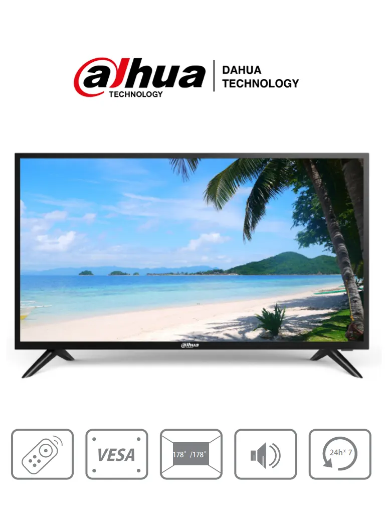 DAHUA DHI-LM32-F200 - Pantalla FHD de 32 pulgadas con resolución 1920×1080, diseñada para uso 24/7. Ofrece 240 cd/m² de brillo, entradas HDMI, VGA, USB, altavoces integrados y control remoto.