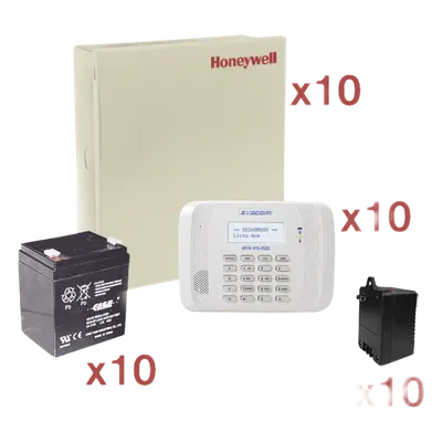 Kit de 10 paneles VISTA-48LA / 8 zonas cableadas + 40 inalámbricas c/u / teclado 6162RF / batería y transformador incluidos / sin comunicador