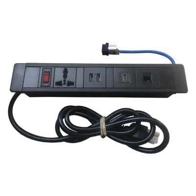 Hub para escritorio color negro,  con 1 Puerto HDMI Hembra-Hembra, 1 Conector RJ45 Cat6, 2 Puertos USB 5V DC /2 A, y 1 Contacto eléctrico universal  (11100-00001)