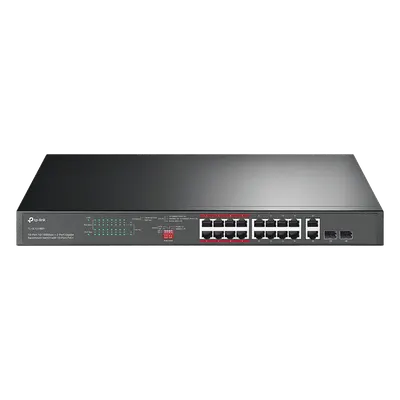 Switch PoE+ No Administrable de 16 puertos 10/100 Mbps / 2 puertos 10/100/1000 Mbps en Combo con 2 Puertos SFP / Presuuesto PoE 250 W / Extensor PoE de hasta 250 metros