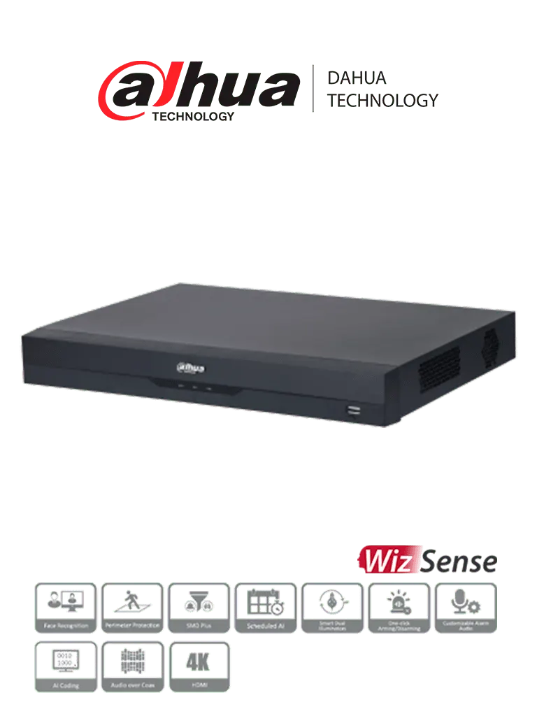 DAHUA XVR5216A-4KL-I3 - DVR de 16 Canales 4k/ WizSense/ H.265+/ 16 Canales + 16 IP/ Hasta 32 Ch IP/ 2 Ch de Reconocimiento Facial/ SDM Plus/ Protección Perimetral/ 2 SATA de hasta 10TB/ 16&3 E&S de Alarmas/ 4 Canales de Audio/ IoT/ POS/