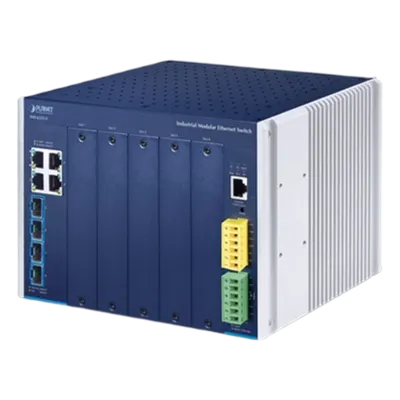 Switch Modular Industrial Capa 3 / 5 Slots / 4 Puertos Gigabit RJ45 / 4 Puertos SFP+ 10G / Rango -40~75°C / Entrada 12-48V / IPv6/IPv4