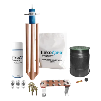 Kit Puesta a Tierra 200A / Electrodo Cobre Electrolítico / Diseño Delta / Filtro Equipotencial / Compuesto 12 kg / Barra Unión + Conectores + Registro