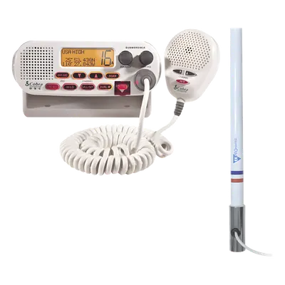 Kit de Radio VHF Marino / Antena Fibra de Vidrio 2.4 m (7.9 ft) / 25 W / DSC / Dual-Watch / PL259 / Base Acero Inoxidable