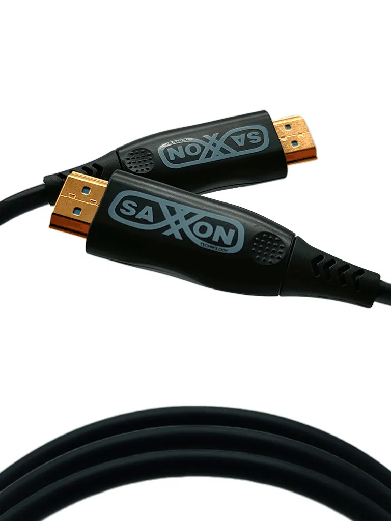 SAXXON SX20HDF047 - Cable HDMI de 20 Metros por Fibra Óptica 4K@60Hz / Fibra 4 hilos + 7 hilos cobre estañado / Compatible con HDMI 2.0 / Alta velocidad 18 Gbps / 3D / HDR / Caja de Aleación de Zinc / Calidad Premium