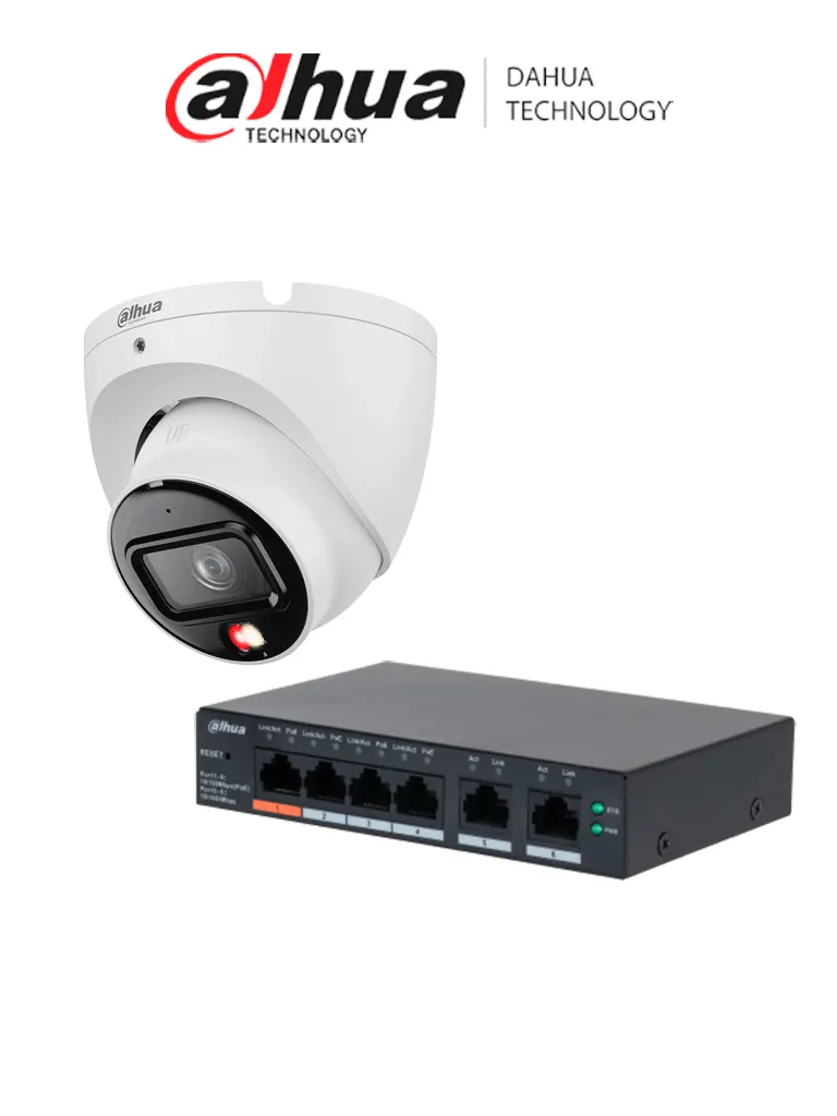 Kit DAHUA con switch PoE de 6 puertos y cámara IP domo 8 MP