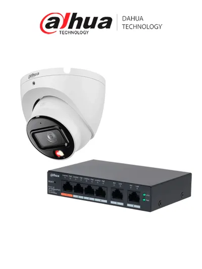 Kit DAHUA con switch PoE de 6 puertos y cámara IP domo 8 MP