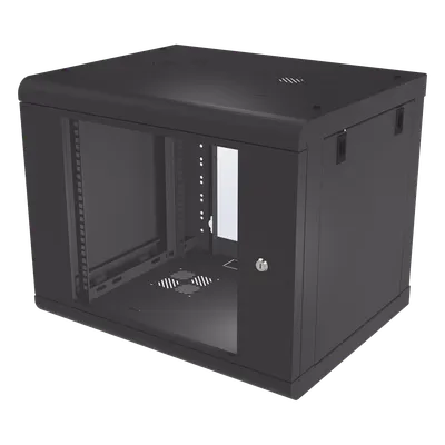 Gabinete de Pared de 9U con Puerta de Cristal Templado, 479.5 mm de Profundidad, Rack de 19'', Acero Reforzado Color Negro.