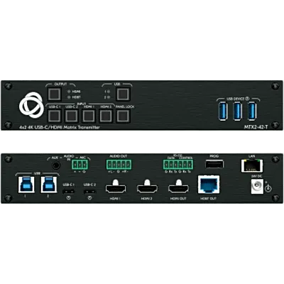 Transmisor Matricial Integrado | 2 Entradas USB-C y 2 HDMI/USB | Salidas HDMI y HDBaseT | USB 2.0 sobre HDBT | DSP de Audio Integrado | HDCP 2.2 | 4K60 18 Gbps | Carga USB-C hasta 60 W | Extensión hasta 70 m (230 ft) | Montaje Bajo Mesa o Podio
