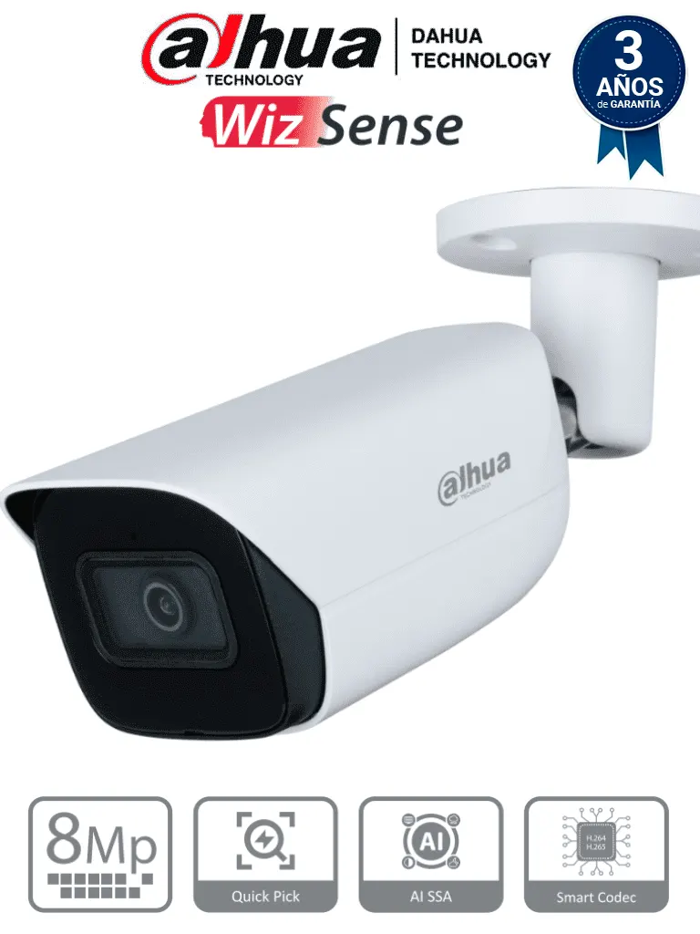DAHUA IPC-HFW3841E-AS-S2 - Camara IP Bullet de 8 Megapixeles con IA/ WizSense/ Lente de 2.8 mm/ 107 Grados de Apertura/ H.265+/ Microfono Integrado/ 1 E&S de Alarma y Audio/ SMD 4.0/ WDR Real/ Quick Pick AI SSA/ PoE/ IP67/