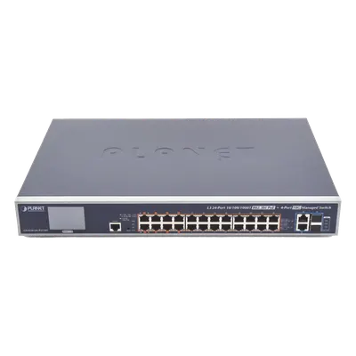 Switch Administrable L3 / 24 Puertos Gigabit PoE 802.3bt / 2 Puertos 10G SFP+ / Pantalla Táctil LCD / Fuente Redundante / 600W