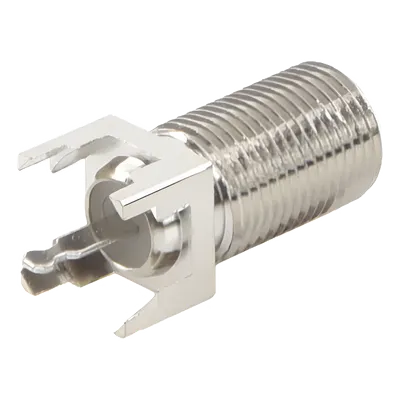Conector F Hembra / Montaje Vertical PCB / 4 Terminales de Soldadura / Separación 0.32" / Cuerpo Níquel / Contacto Estañado / Dieléctrico Polietileno