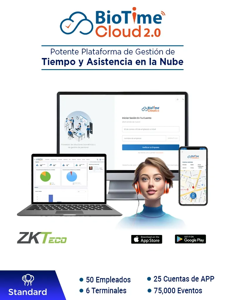 ZKTECO BIOTIMECLOUDSTANDARD - Licencia de Asistencia en la Nube para 50 Empleados, 6 Terminales, 75,000 Eventos y 25 Cuentas de App, Suscripción por un Año
