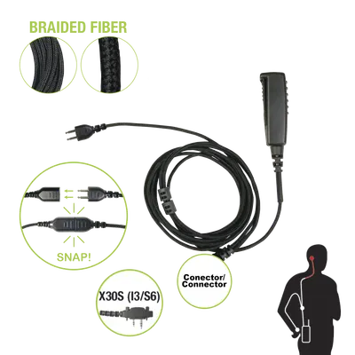 Cable para Micrófono Audífono / Conector Snap Intercambiable / 2 Pines Icom / Cable Trenzado de Fibra / Clip Metálico con PTT 360°