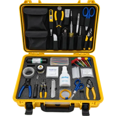 Kit de Terminación de Fibra Óptica / 28 Herramientas y Accesorios / Estuche Portátil Rugerizado / Preparación, Empalme y Limpieza