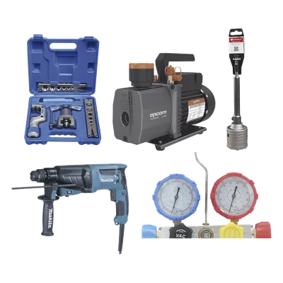 Kit profesional / Bomba de vacío 2 etapas / Manómetro / Kit abocardado / Rotomartillo / Broca / 5.5 CFM / 1/2 HP / 330x120x230 mm / 10.8x3.9x7.5 ft