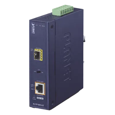 Convertidor de medios PoE+ industrial PLANET IGTP-805AT con SFP Gigabit