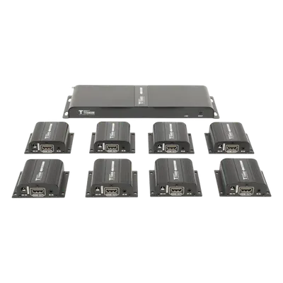 Kit Divisor y Extensor HDMI (Extender Splitter)  / Divide 1 Fuente HDMI a 8 Pantallas / Extiende la señal HDMI hasta 40 m / Resolución 1080P @ 60 Hz / Cat 6/6a/7 / Uso 24/7 / Salida Loop en el Tx / IR / Alimente solo el Tx (PoC).