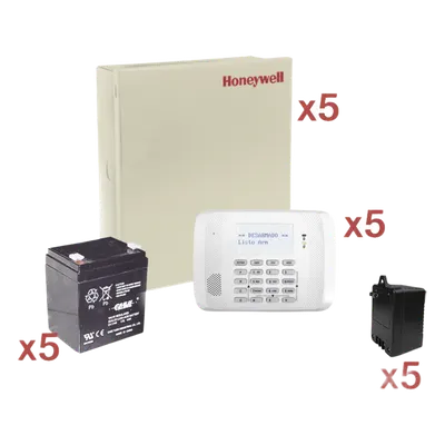 Kit de 5 paneles VISTA-48LA / 8 zonas cableadas + 40 inalámbricas c/u / teclado 6162RF / batería y transformador incluidos / sin comunicador