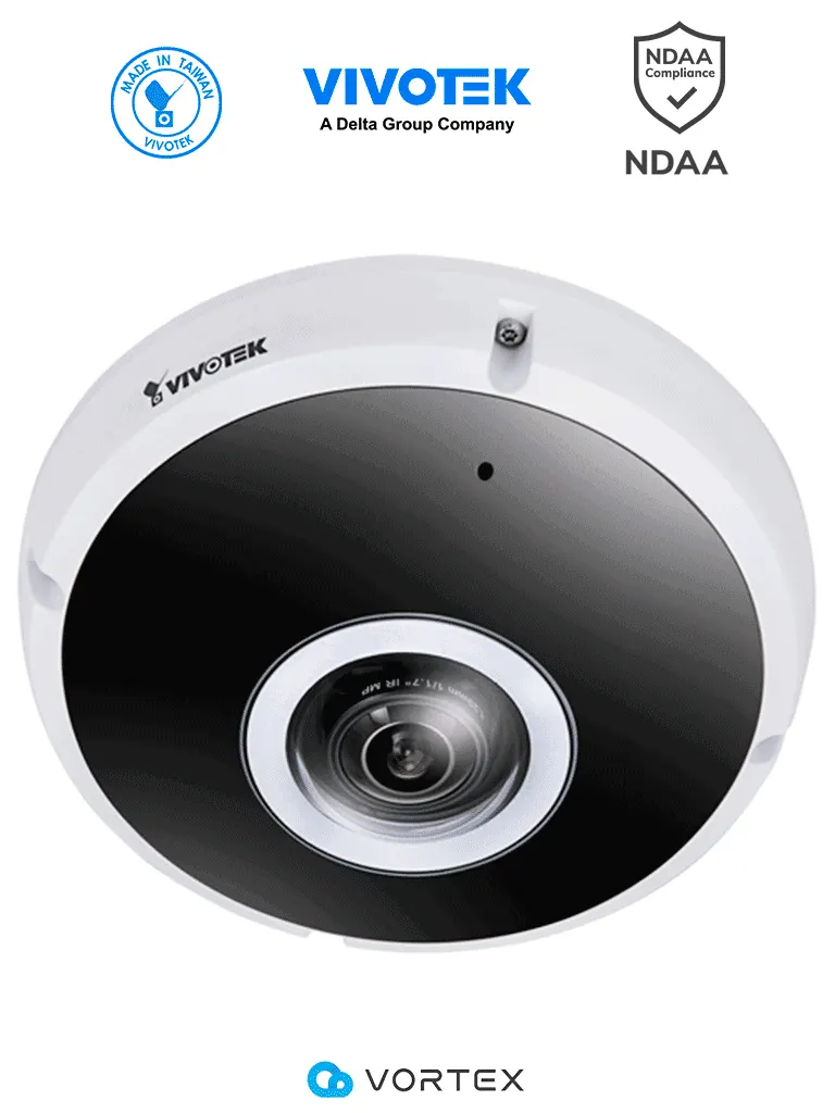VIVOTEK FE931-EHV(1YL) - Cámara IP VORTEX Premium Series Fisheye exterior 12 Megapixeles, IR 20m, WDR Pro, Micrófono integrado, IP66, IK10, NDAA, Almacenamiento interno 512GB, Advanced AI