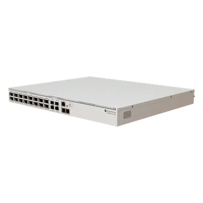 Switch Empresarial / 16 Puertos QSFP28 100 Gbps / 4 Puertos SFP28 25 Gbps / 2 Puertos Ethernet 10 Gbps / CPU ARM 4 Núcleos 2 GHz / 4 GB RAM DDR4 / RouterOS v7