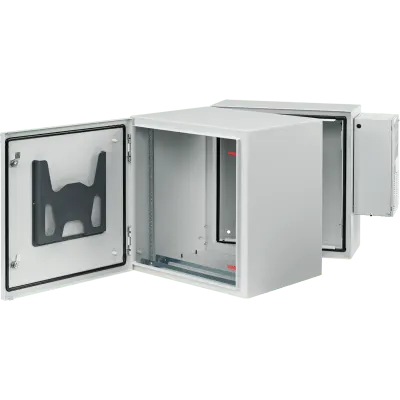 Gabinete Industrial ProTek de Puerta Sólida, Con Aire Acondicionado de 4000 BTU, Protección NEMA Tipo 4/12/4X; IP66; IK10, Abatible, Fabricado en Acero, 26 UR, Color Gris Claro