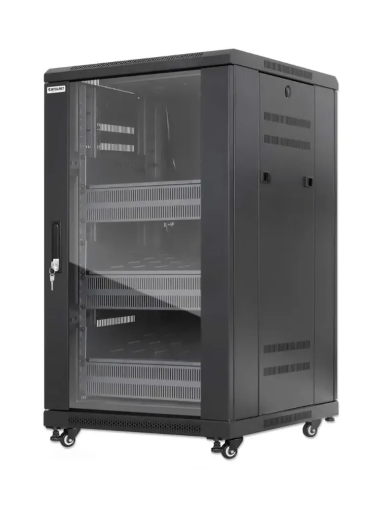 INTELLINET - 716222 - Gabinete 19" Pro Line con extractores de aire, 18U / Frente de 600 mm, unidad de ventilación con dos extractores de aire instalados en el techo, profundidad de 600 mm, Ensamblado, negro RAL 9004