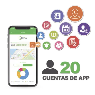 Licencia Móvil de Asistencia / 20 Usuarios / Checada con GPS y Fotografía / Operación Dual / Integración BioTimePro