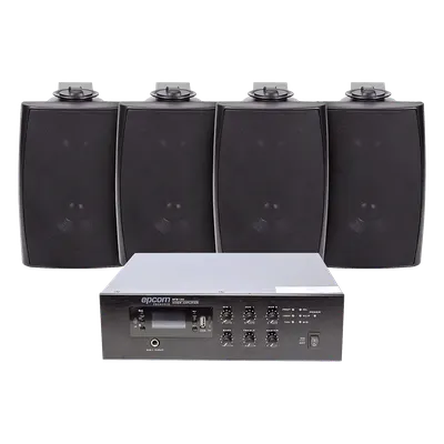 Kit de Sonido Ambiental / Amplificador 240W RMS / Salida 70/100V / 4 Altavoces de Pared / Bluetooth y MP3 / Resistente a Humedad