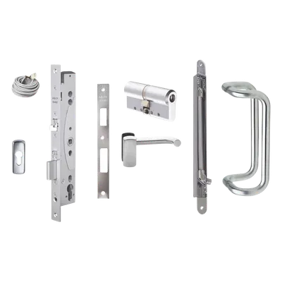 Kit de cerradura motorizada / Apertura automática por control de acceso / Perfil europeo / Acero inoxidable / Manija interior de emergencia
