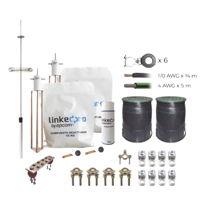 Kit de Protección Contra Rayos / Torre 9 m (29.5 ft) / Electrodo de Cobre Electrolítico / Pararrayos de Aluminio con Ionización / Filtro Equipotencial / Compuesto Reactivador