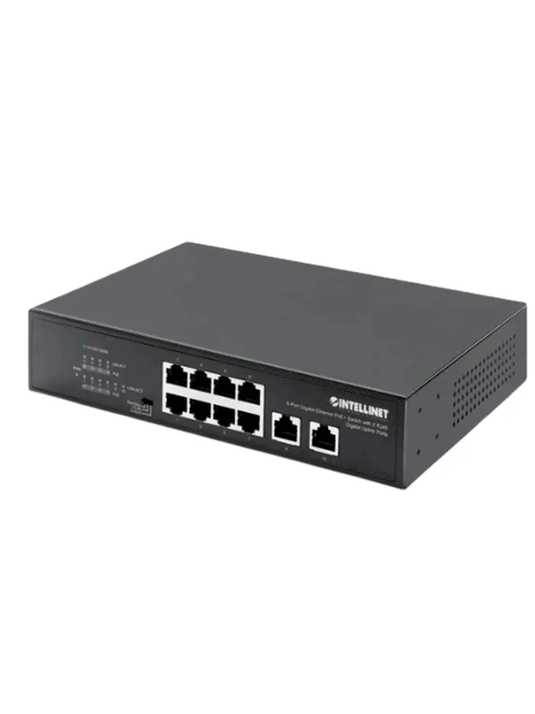 Intellinet - 561402 Switch Gigabit con 8 puertos PoE+ y 2 puertos Gigabit RJ45 de enlace ascendente