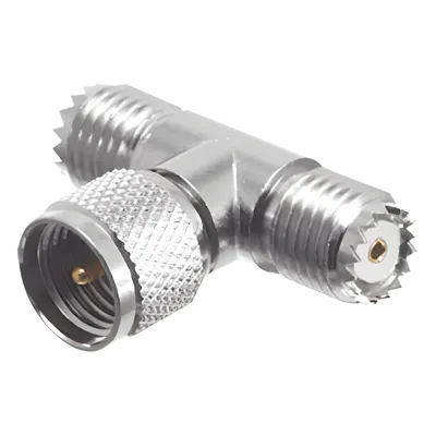 Adaptador en T de Conector Mini-UHF Macho a Doble Mini-UHF Hembra, Níquel/ Plata/ Teflón.