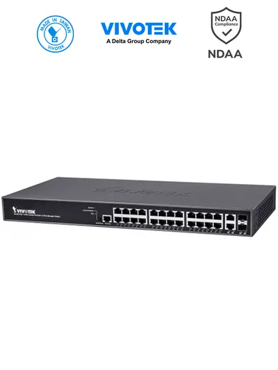 VIVOTEK AW-GEV-264B-370 - Switch PoE Administrable con 24 puertos PoE GE RJ45, 2 puertos GE SFP, 30W por puerto, 370W Totales, VIVOCAM WEB Smart, 52Gbps y protección 6KV.