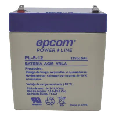 Batería 12 Vcc / 5 Ah / UL / Tecnología AGM-VRLA / Para uso en equipo electrónico Alarmas de intrusión / Incendio/ Control de acceso / Video Vigilancia / Terminales F1 / Cargador recomendado CHR-80.