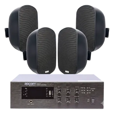 Kit de Amplificador de Escritorio / 240W RMS / Salida 70/100V / 4 Altavoces de Pared 5" / Taps 3W a 50W / Bluetooth y MP3 Integrados