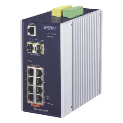 Switch industrial PLANET IGS-10020HPT con 8 puertos PoE y SFP