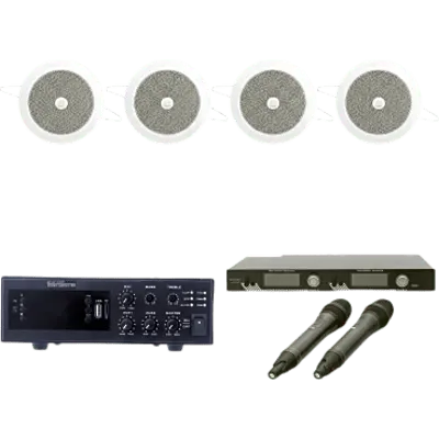 Kit de Audio para Conferencias / Amplificador 120W / 2 Micrófonos UHF / 4 Altavoces de Plafón 4" / Bluetooth y MP3 / Alcance 100 m (328 ft)