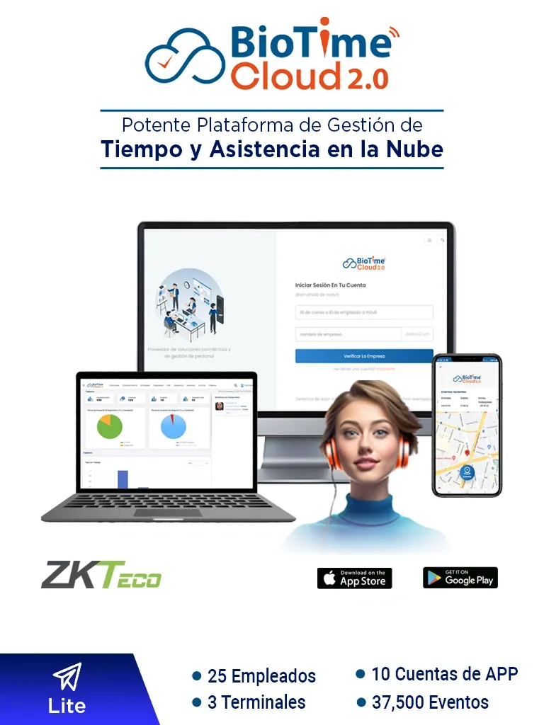 Licencia de asistencia ZKTeco BioTime Cloud 2.0 Lite para 25 empleados