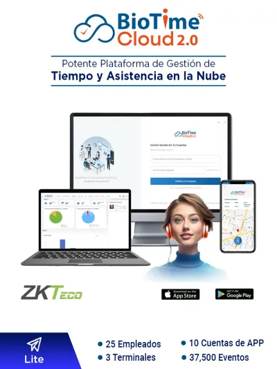 Licencia de asistencia ZKTeco BioTime Cloud 2.0 Lite para 25 empleados