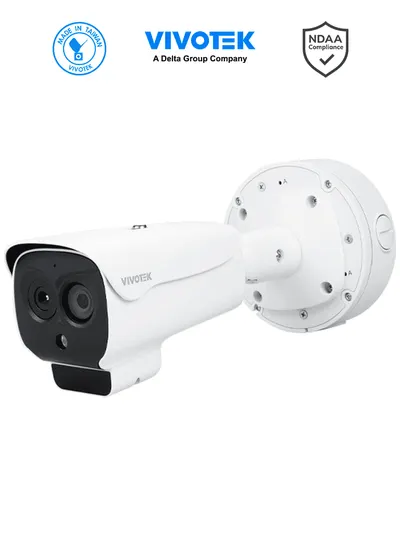 VIVOTEK TB9333-E 7mm - Camara IP Bullet Termica para exterior, Sensor Dual, Lente termico fijo 7mm de 256x192, Lente optico fijo 8mm de 4 Megapixeles, Analiticas de video, Deteccion de personas, vehiculos y temperatura