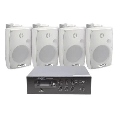 Kit Amplificador 100V / 120W RMS / 4 Altavoces Pared 2.5-20W / Bluetooth MP3 Tuner USB / Sistema Voceo 70/100V