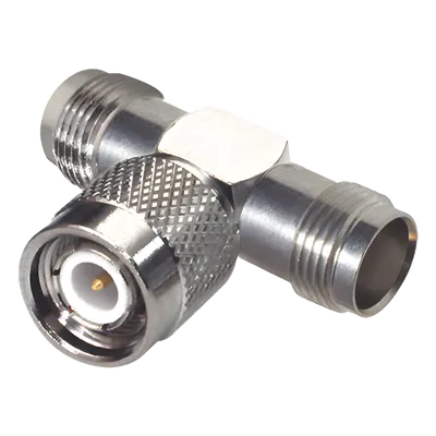 Adaptador RF en T / TNC Macho a Doble TNC Hembra / 50 Ohm / Bronce Niquelado / Contacto Oro / Aislante Teflón