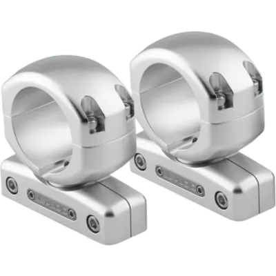 Soporte de Montaje para Altavoz de Torre / Abrazaderas Giratorias para Tubo / Diámetro Interior 2.25" (57.2 mm) / Altura 10.9 cm (4.29 in) / Ancho Total 12.2 cm (4.80 in) / Giro Total 334° / Giro Horario Hasta 205.5° / Giro Antihorario