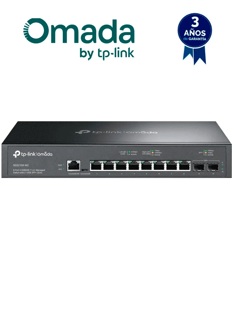 TP-LINK SG3210X-M2 - Switch administable L2 OMADA, con 8 puertos RJ45 de 2.5GbE , 2 puertos SFP+ 10G , Gestión en la nube con OMADA , DHCP Snooping, 802.1X, Autenticación Radius , ACL , QoS L2/L3/L4 y IGMP Snooping.
