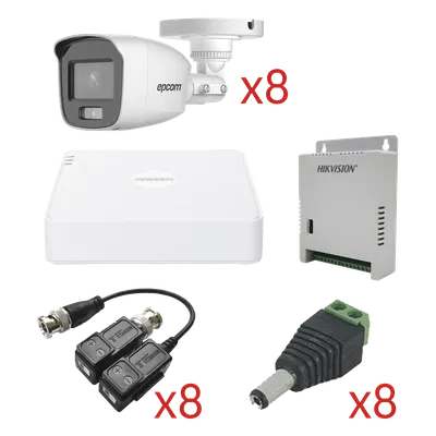 Kit TurboHD con Audio / DVR 8 Canales 1080p Lite / 8 Cámaras Bala 2.8 mm 105° / Audio Coaxitron / Luz Blanca 20 m (65.6 ft) / Fuente Regulada