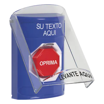 Botón de emergencia con tapa protectora / Restablecimiento con llave / Texto personalizable 2 líneas / LED opcional R/G/B / Montaje en superficie
